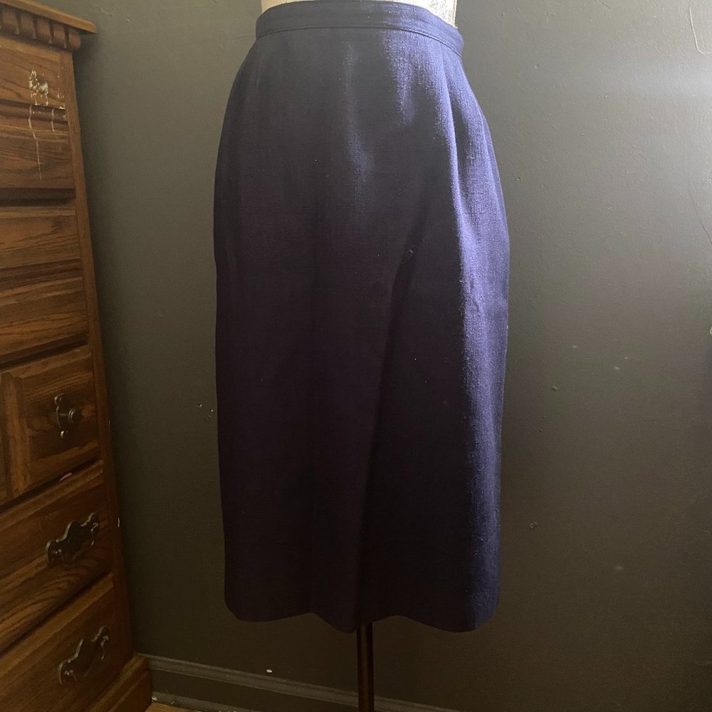 Vintage 1990s navy blue linen midi a-line pencil skirt sz 16